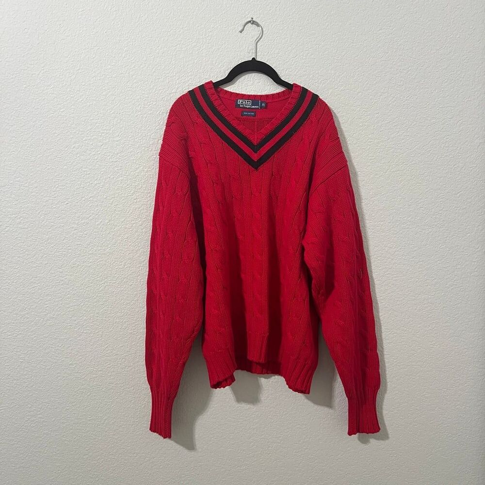 Polo Ralph Lauren Vintage Red Cable Knit V-Neck Cricket Sweater Mens XL